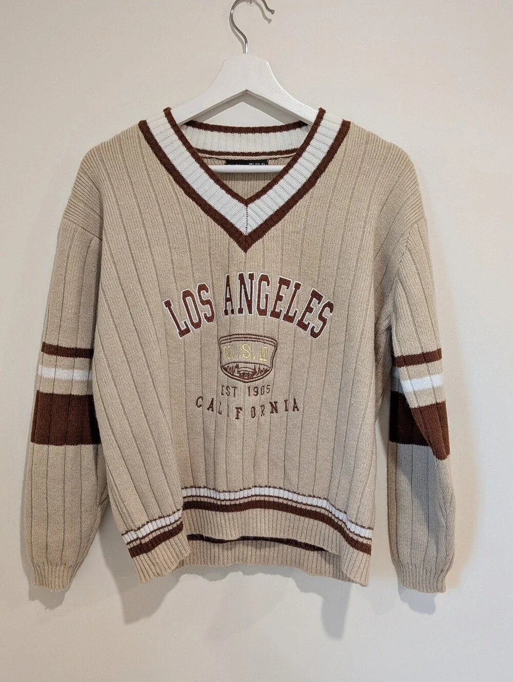 Beige and Brown Rib Knit Sweater with Striped Sleeve size S- Collegiate Academia